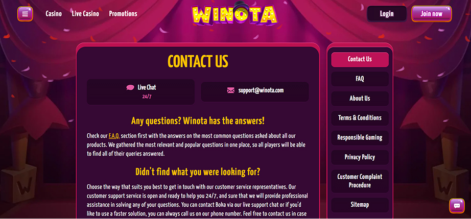دعم عملاء كازينو Winota