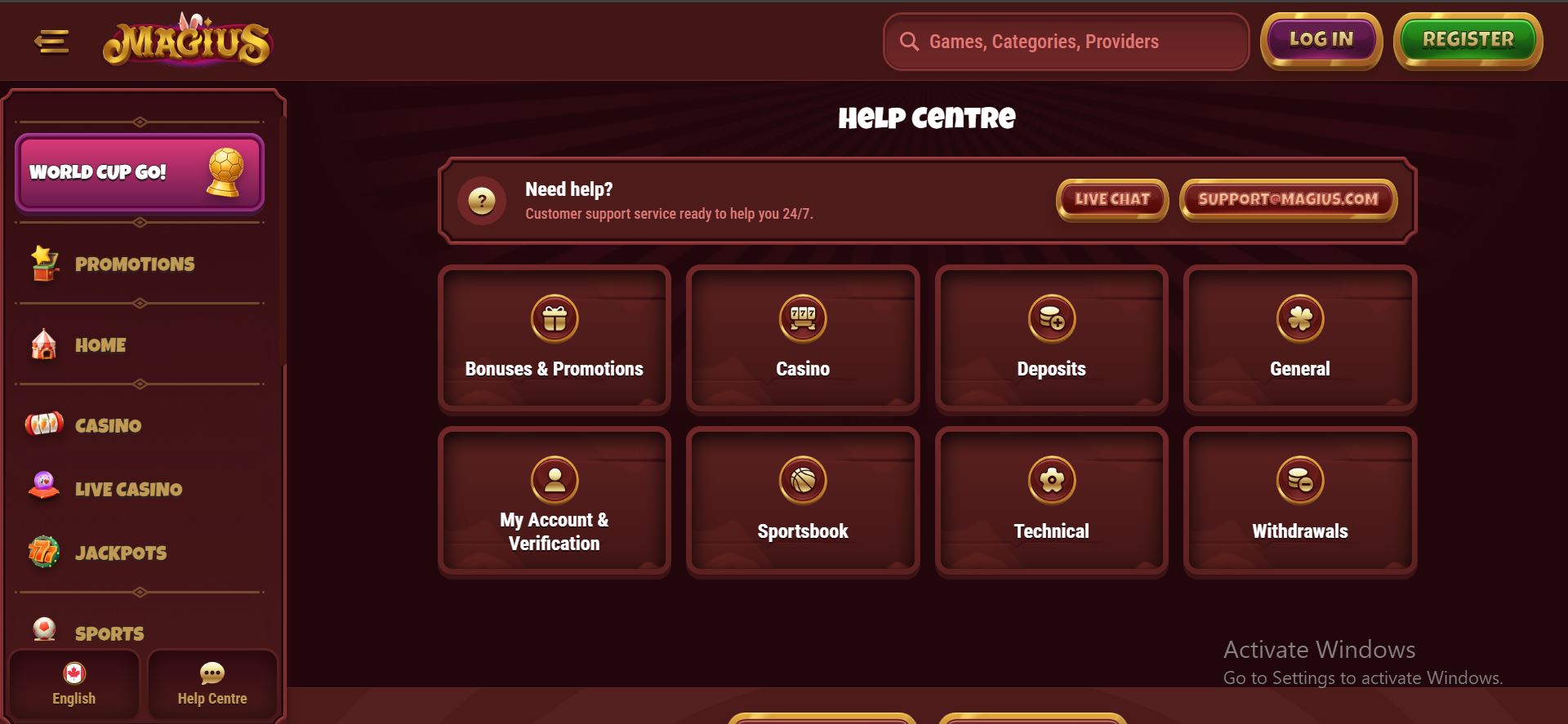 مركز مساعدة Magius Casino