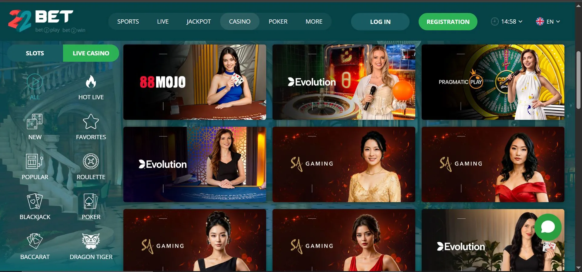 22bet casino live games